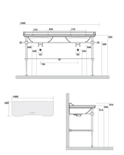 Art Deco - Dubbeltvättställ 150 cm med bronsben & glashylla