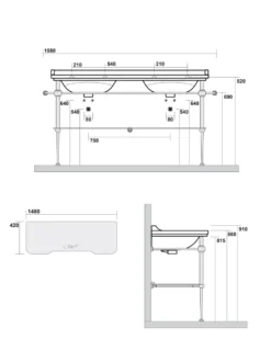 Art Deco - Dubbeltvättställ 150 cm med kromade ben & glashylla
